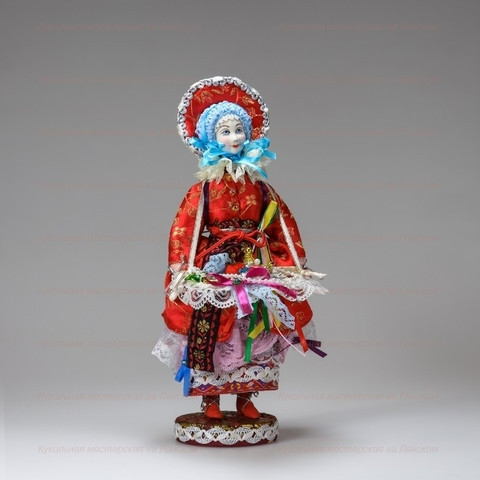 The Haberdasher in a Summer Dress and Hat Porcelain Doll on a Stand - 10 Inches