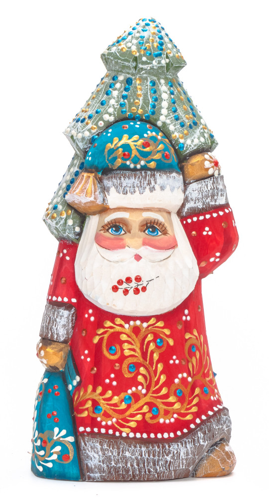 180 mm Santa with a Green Christmas Tree and a Bag Carved Wood Hand Painted Collectible Figurine (by Natalia Nikitina Workshop)