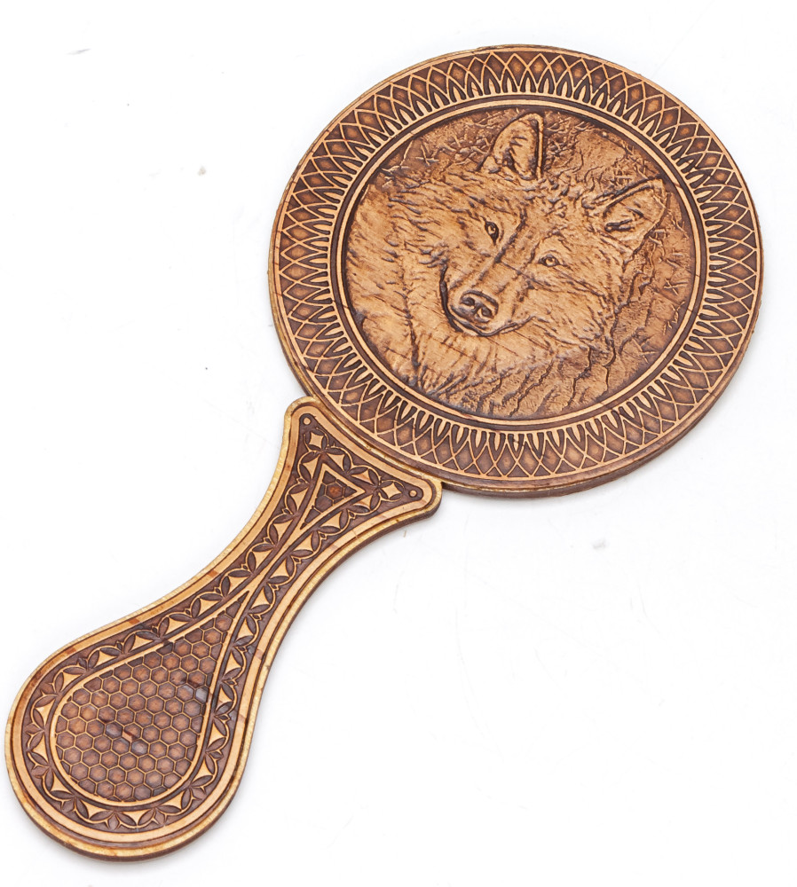 80x160 mm Wolf hand made Birchbark Mirror (by Maxim Birch)