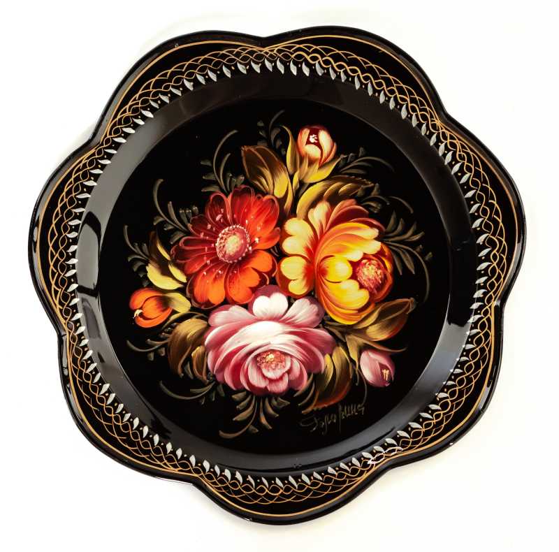 d 220 mm Zhostovo Patterns hand painted and lacquered by Golovina Metal Forged Black Tray (by Lada Crafts)