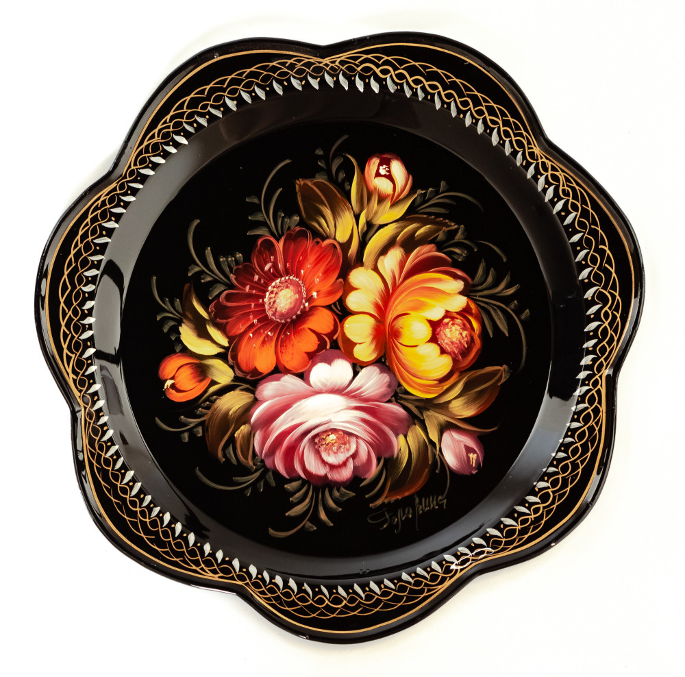 d 220 mm Zhostovo Patterns hand painted and lacquered by Golovina Metal Forged Black Tray (by Lada Crafts)
