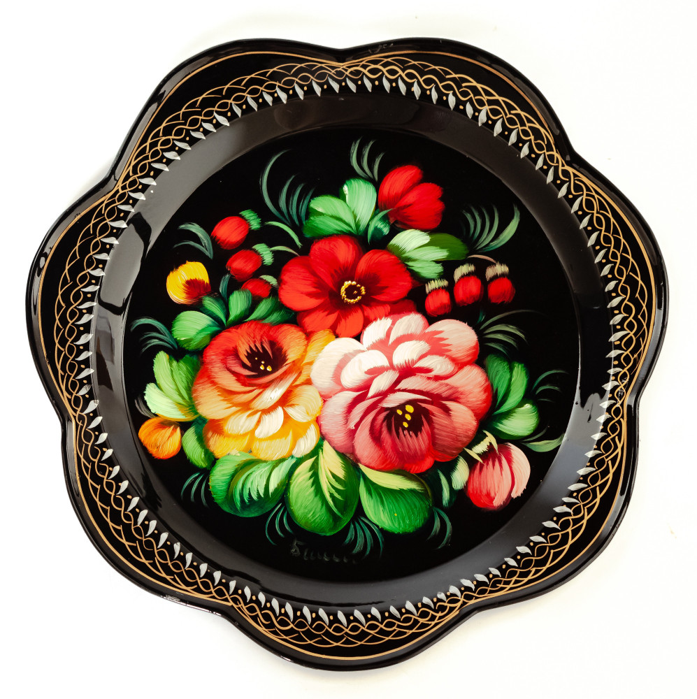d 220 mm Zhostovo Patterns hand painted and lacquered Metal Forged Black Tray (by Lada Crafts)