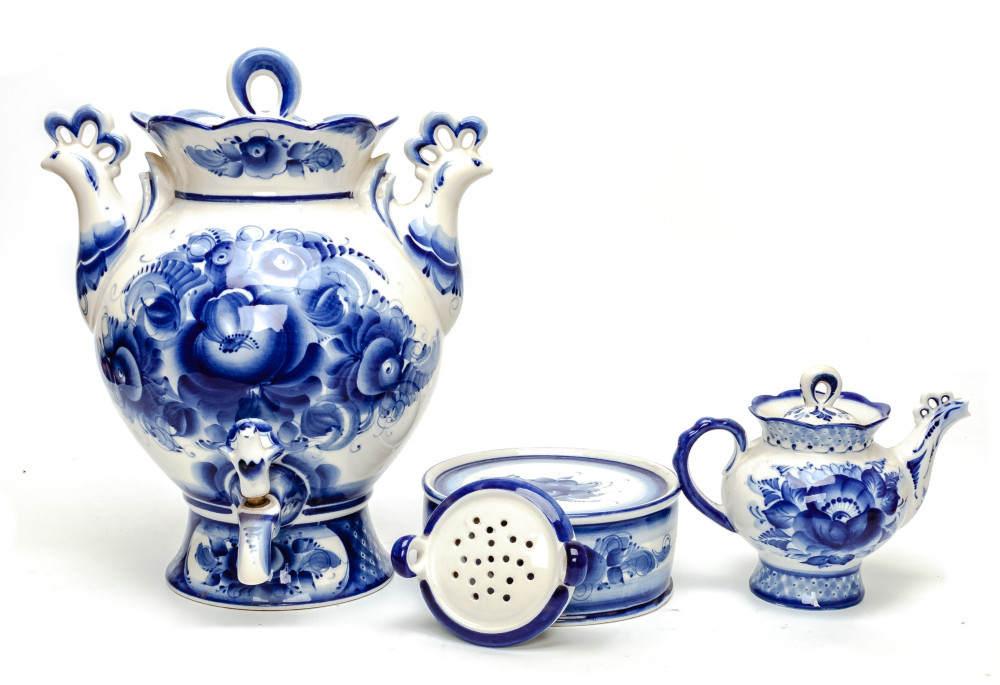 Flowers Gzhel Ceramic Electric Kettle with Teapot and Tray