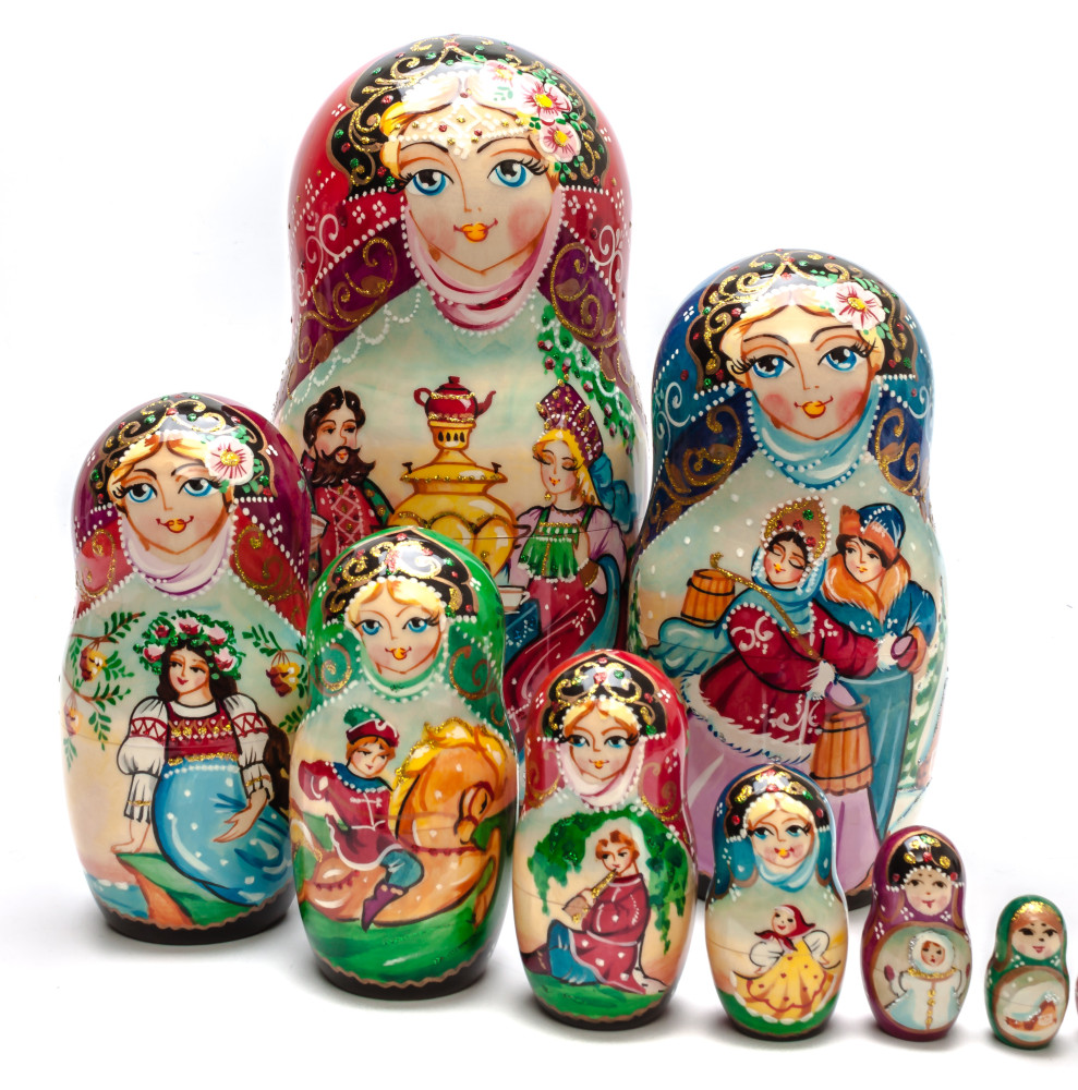260 mm Russian Dinner handpainted Wooden Matryoshka Doll 10 pcs (by Skazka)