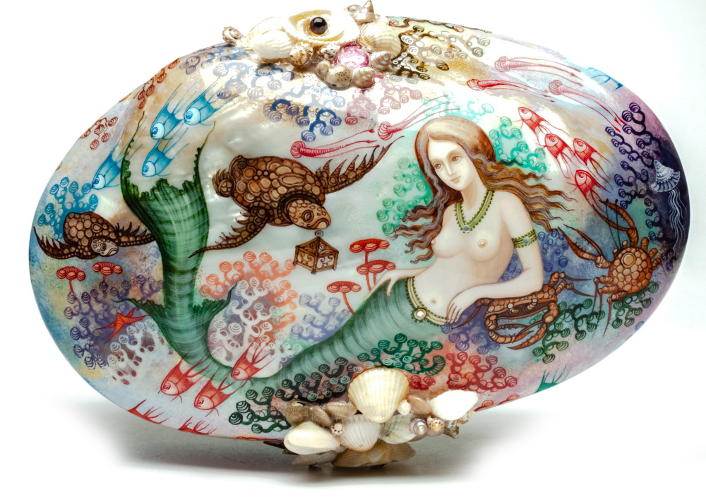200x130 mm Mermaid hand painted on Pearl Shell lacquered box from Fedoscino (by Sadko Workshop)
