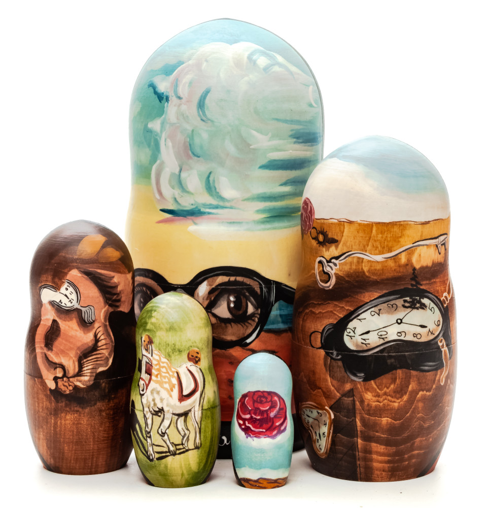 180 mm Forgotten Sunglasses by Dali hand painted on wooden Matryoshka doll 5 pcs (by Alexander Famous Paintings Studio)
