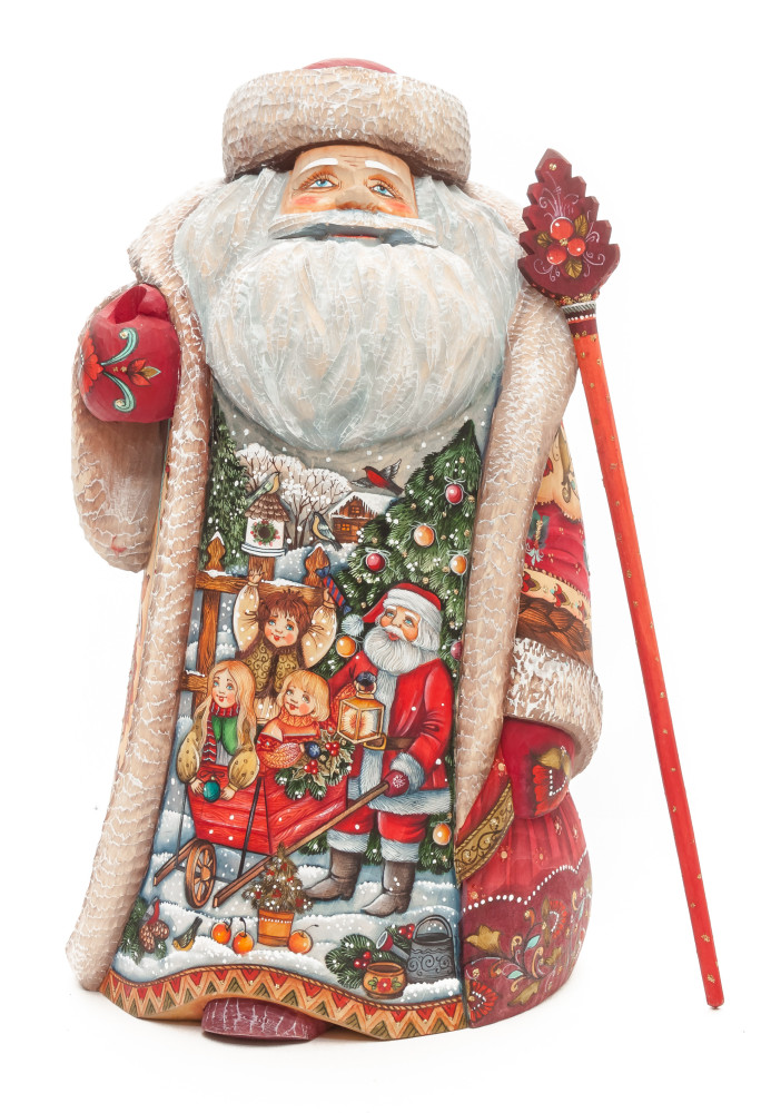 320 mm Santa with a Magic Staff and a Bag with hand painted Santa with Kids Carved Wood Collectible Figurine (by Sergey Christmas Workshop)