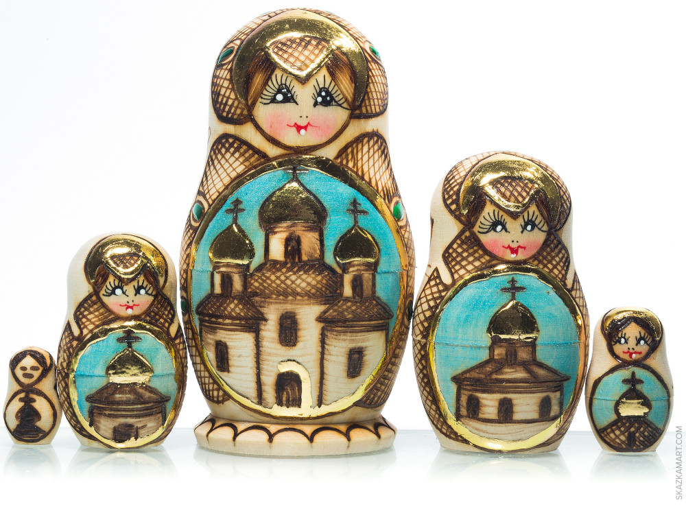 120 mm Moscow Cathedrals hand painted and burnt Russin Matryoshka doll 5 pcs (by Elena Crafts)