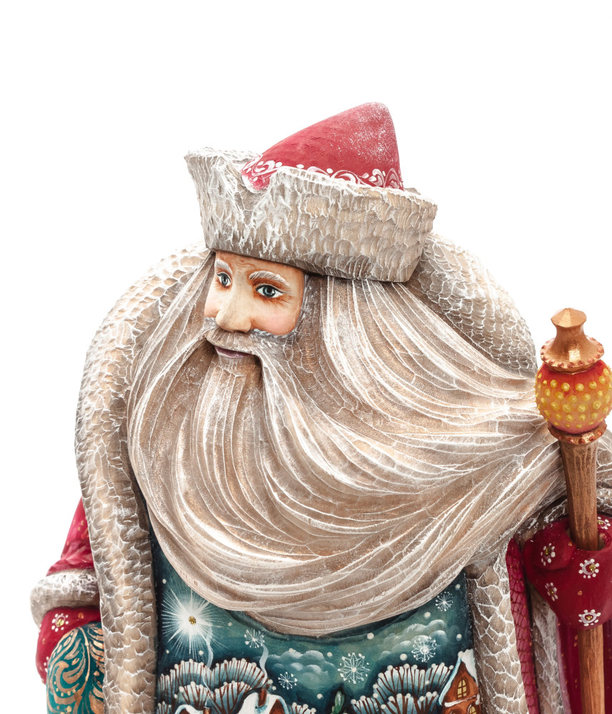 220 mm Santa with a Magic Staff and a Bag with hand painted Angel giving a Gift to the Kids Carved Wood Collectible Figurine (by Sergey Christmas Workshop)