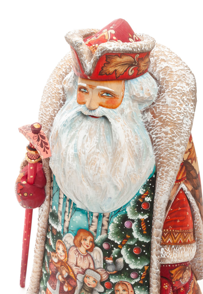 300 mm Santa with a Magic Staff and a Bag with hand painted Angel with Kids Carved Wood Collectible Figurine (by Sergey Christmas Workshop)