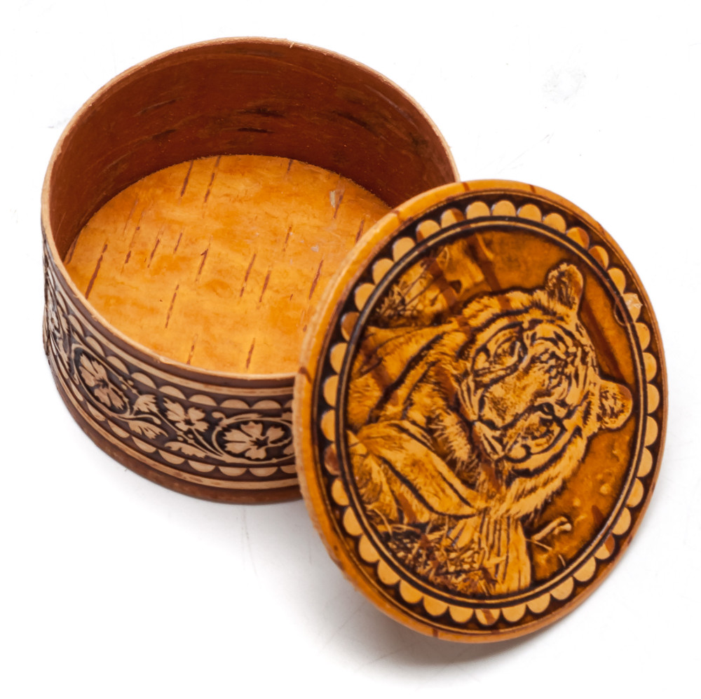 d 55 mm Tiger hand made Birchbark Jewelry Box (by Maxim Birch)