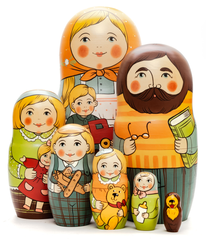 220 mm Mother with Son with Toy Truck hand painted Traditional Russian Wooden Matryoshka doll 7 pcs (by Igor Malyutin)