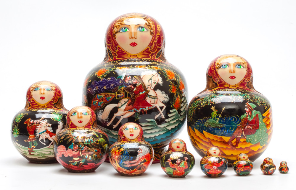 Shop Exclusive Nesting Dolls 140 mm Ruslan and Lyudmila hand painted on Wooden Matryoshka doll 10 pcs (by Trifinov Studio) online at Skazka.site | Eligible for fast shipping and free returns. 140 mm Ruslan and Lyudmila hand painted on Wooden Matryoshka doll 10 pcs (by Trifinov Studio)