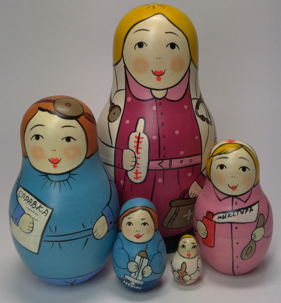 110 mm Doctor hand painted Traditional Russian Wooden Matryoshka doll 5 pcs (by Igor Malyutin)