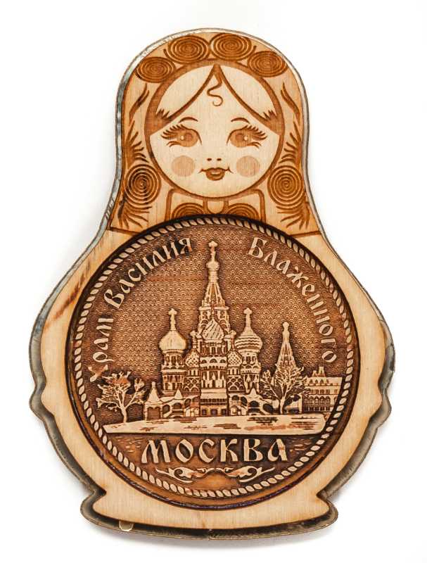 Moscow Snt Basil Cathedral and Three Russian Matryoshka Dolls hand carved and burnt Birch Bark Fridge Magnet (by Maxim Studio)