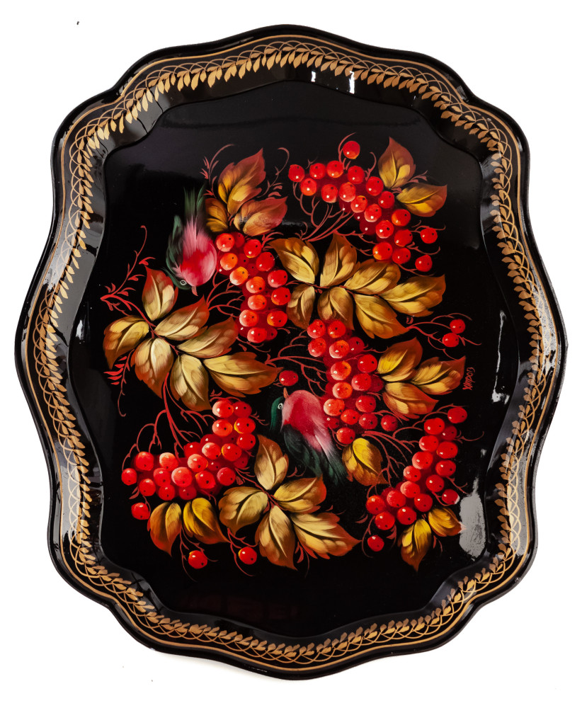 360x450 mm Zhostovo Patterns hand painted and lacquered by Hitrov Metal Forged Tray (by Lada Crafts)