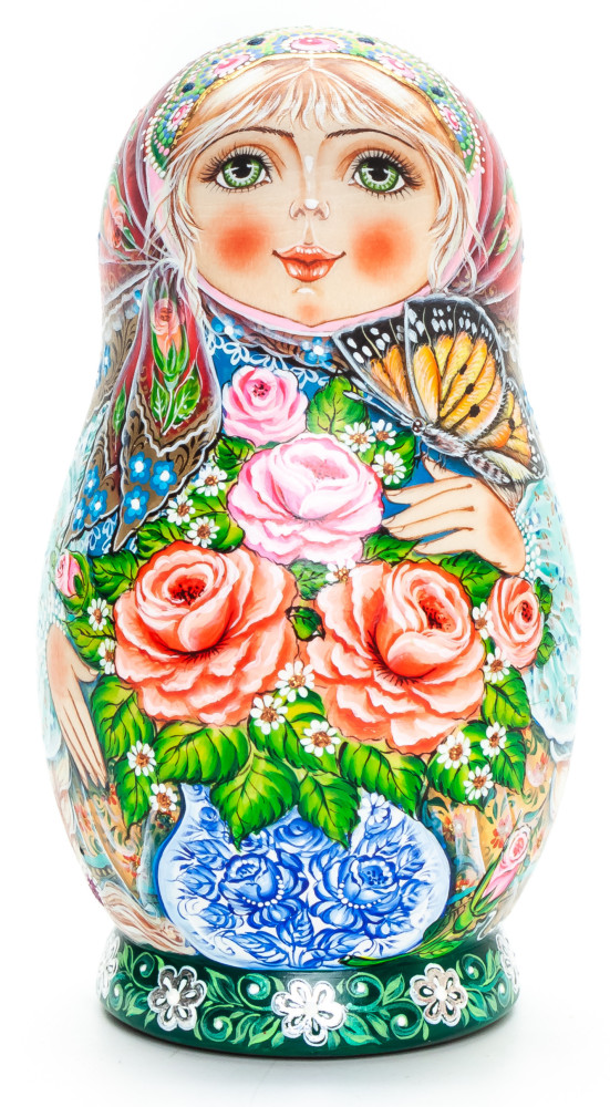 130 mm Roses hand painted Matryoshka 5 pcs (by Galina Ulianova)