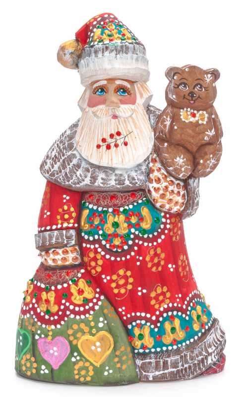 180 mm Santa with a Bag and a Bear Carved Wood Hand Painted Collectible Figurine (by Natalia Nikitina Workshop)