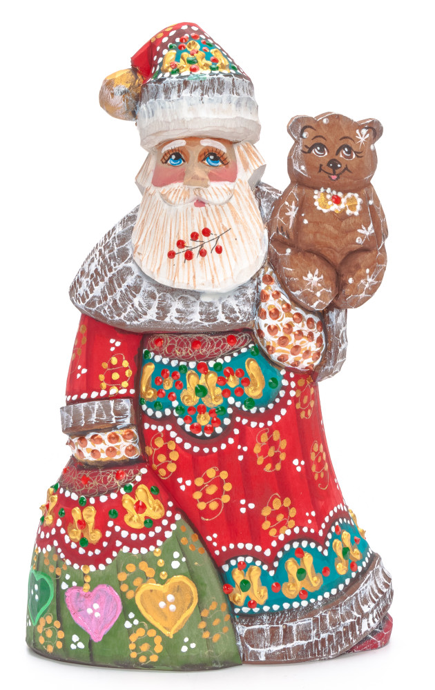 180 mm Santa with a Bag and a Bear Carved Wood Hand Painted Collectible Figurine (by Natalia Nikitina Workshop)