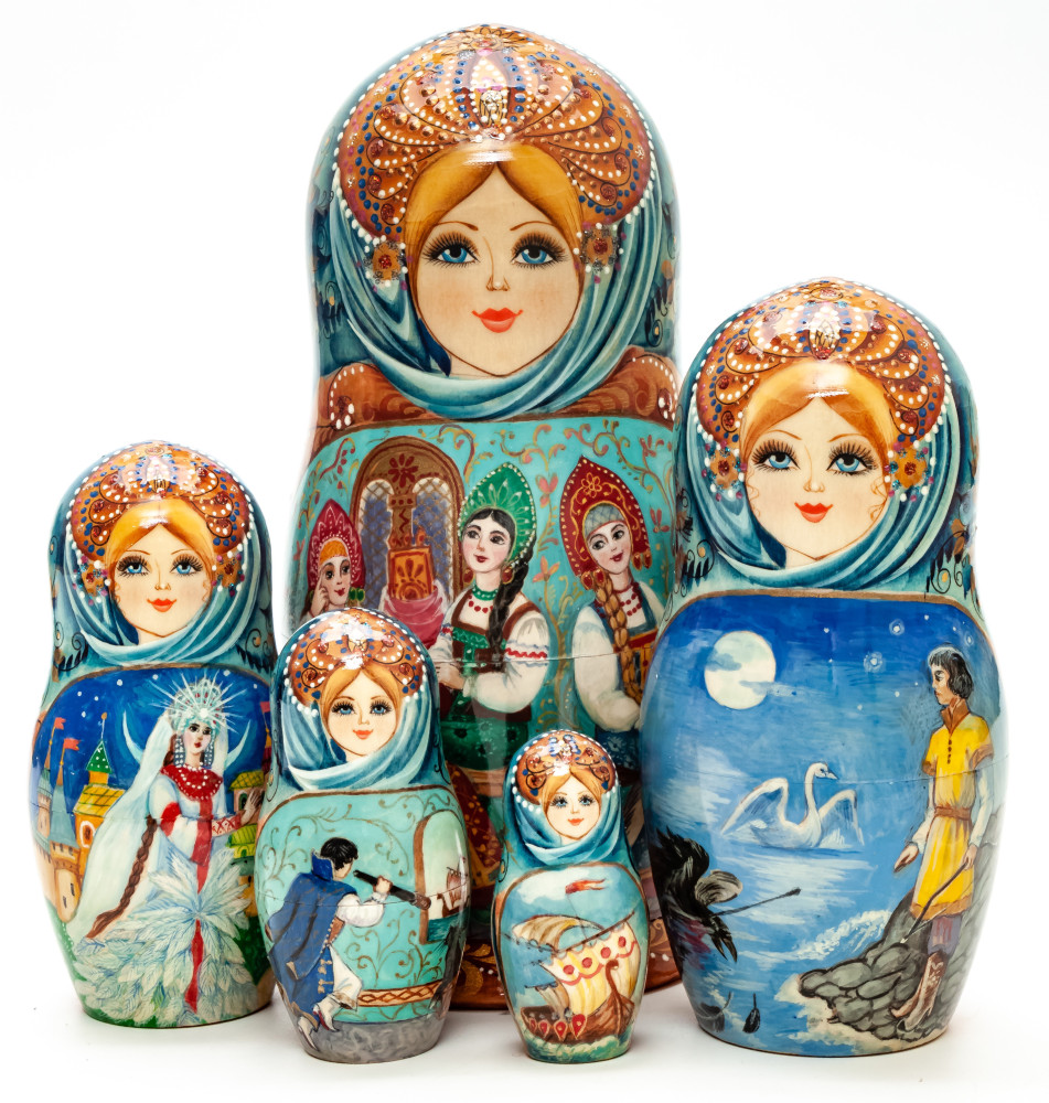 Shop Exclusive Nesting Dolls 180 mm The Tale of Tsar Saltan hand painted on Wooden Matryoshka doll 5 pcs (by Natalia Crafts) online at Skazka.site | Eligible for fast shipping and free returns. 180 mm The Tale of Tsar Saltan hand painted on Wooden Matryoshka doll 5 pcs (by Natalia Crafts)
