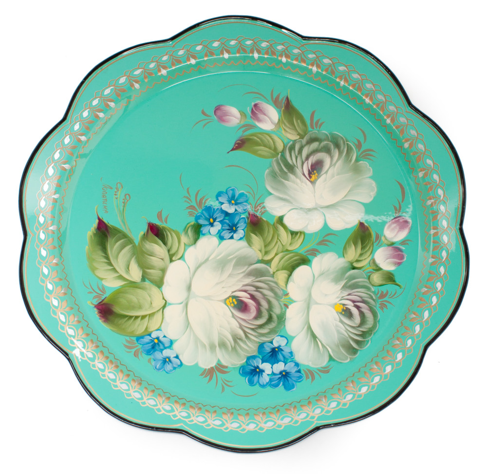d 330 mm Zhostovo Patterns hand painted and lacquered by Lopatina Metal Forged Tray (by Lada Crafts)