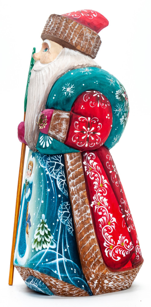 210 mm Santa with a Magic Staff with handpainted Snowmaiden Wooden Carved Statue (by Igor Carved Wooden Figures Studio)