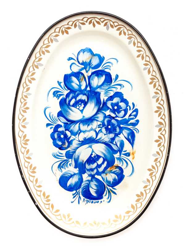 150x215 mm Zhostovo Patterns hand painted and lacquered Metal Forged White Tray (by Lada Crafts)