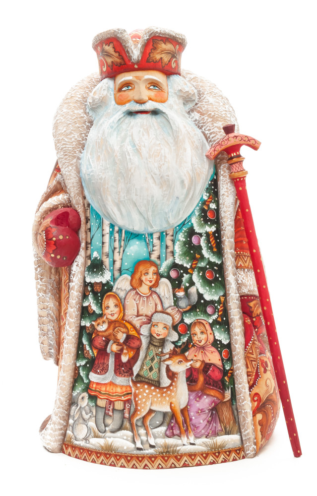 300 mm Santa with a Magic Staff and a Bag with hand painted Angel with Kids Carved Wood Collectible Figurine (by Sergey Christmas Workshop)