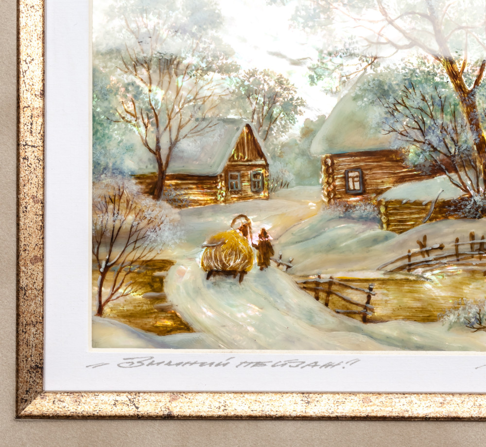 365x350 mm Winter Landscape hand painted on Nacre Fedoscino painting (by Tatiana Fedoscino Arts)