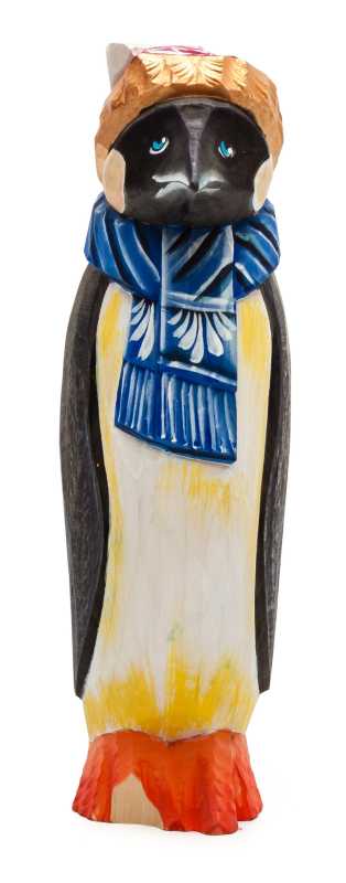 190 mm Santa sitting in a Penguin's Backpack Carved Wood Hand Painted Collectible Figurine (by Igor Carved Wooden Figures Studio)