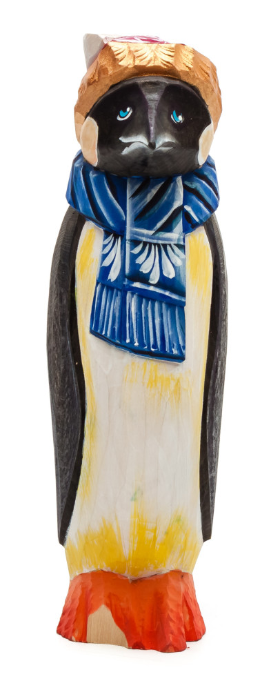 190 mm Santa sitting in a Penguin's Backpack Carved Wood Hand Painted Collectible Figurine (by Igor Carved Wooden Figures Studio)