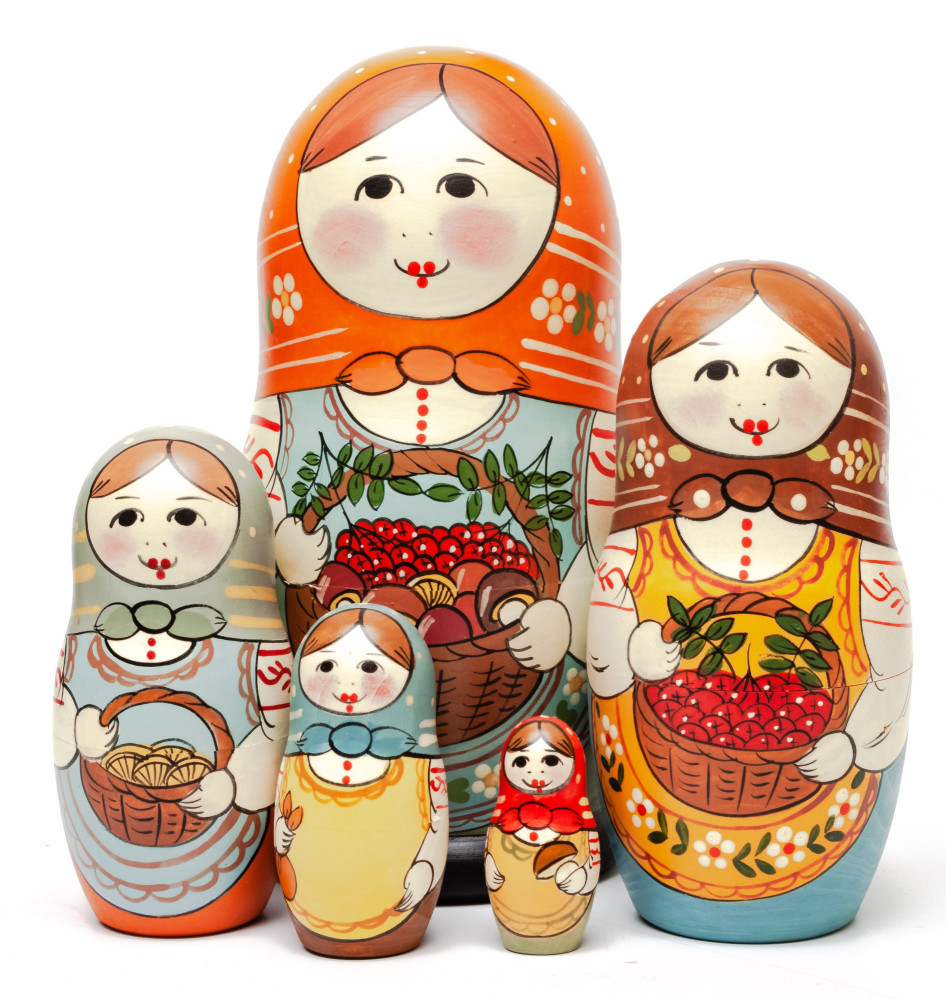 160 mm Maiden with the Basket of Berries and Mushrooms hand painted Traditional Russian Wooden Matryoshka doll 5 pcs (by Sergey Malyutin)