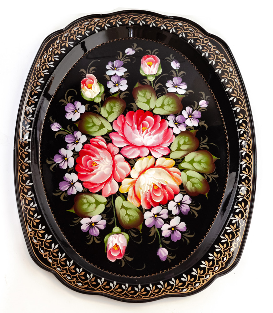 300x400 mm Zhostovo Patterns hand painted and lacquered Metal Forged Tray (by Lada Crafts)