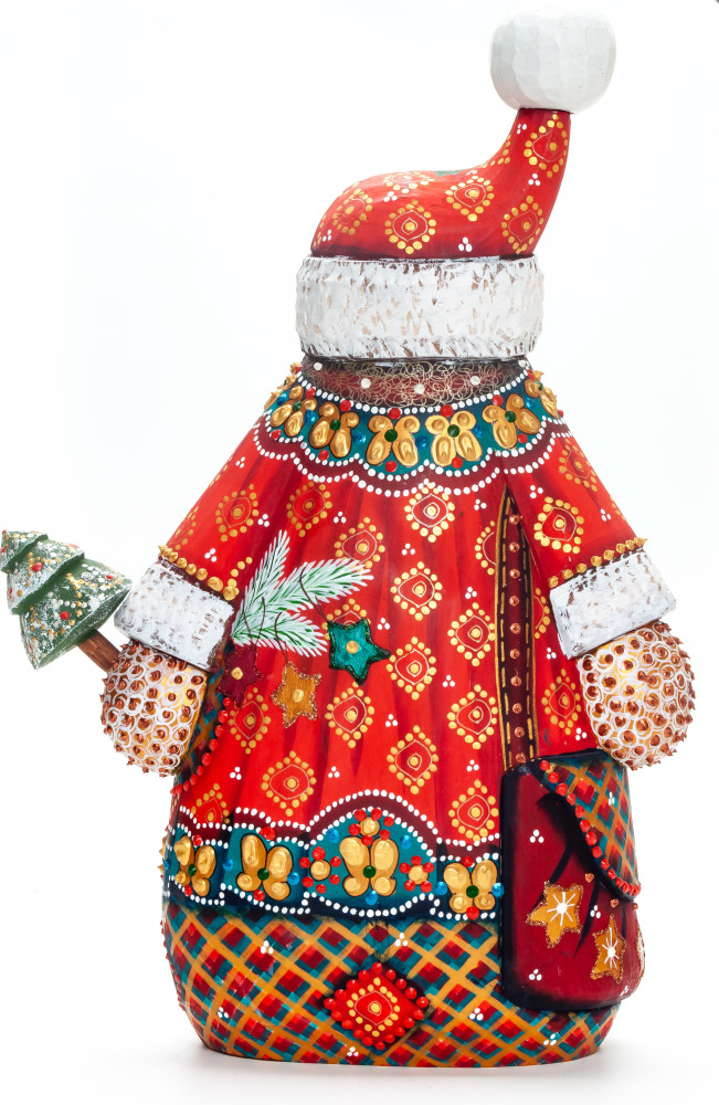 300 mm Santa Claus with a Green Christmas Tree Carved Wood Hand Painted Collectible Figurine  (by Natalia Nikitina Workshop)