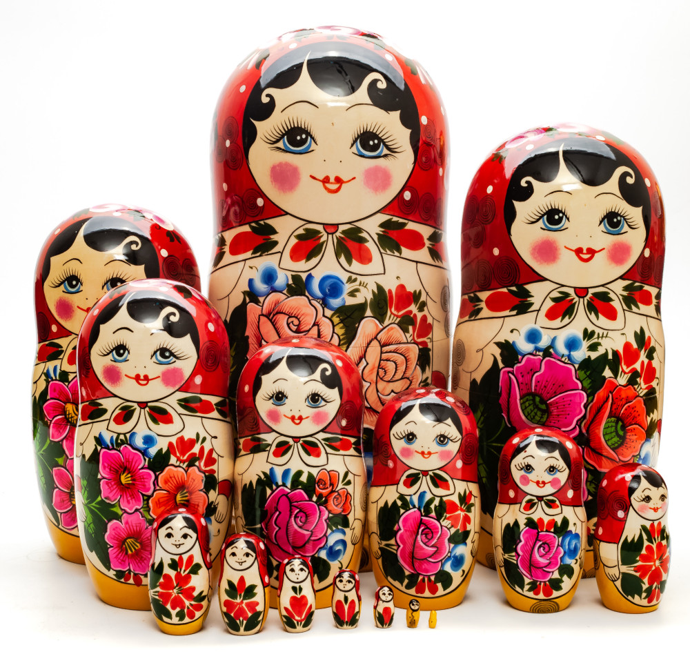 320 mm Red Head Semenovskaya handpainted wooden Matryoshka Doll 15 pcs (by Ivan Studio)