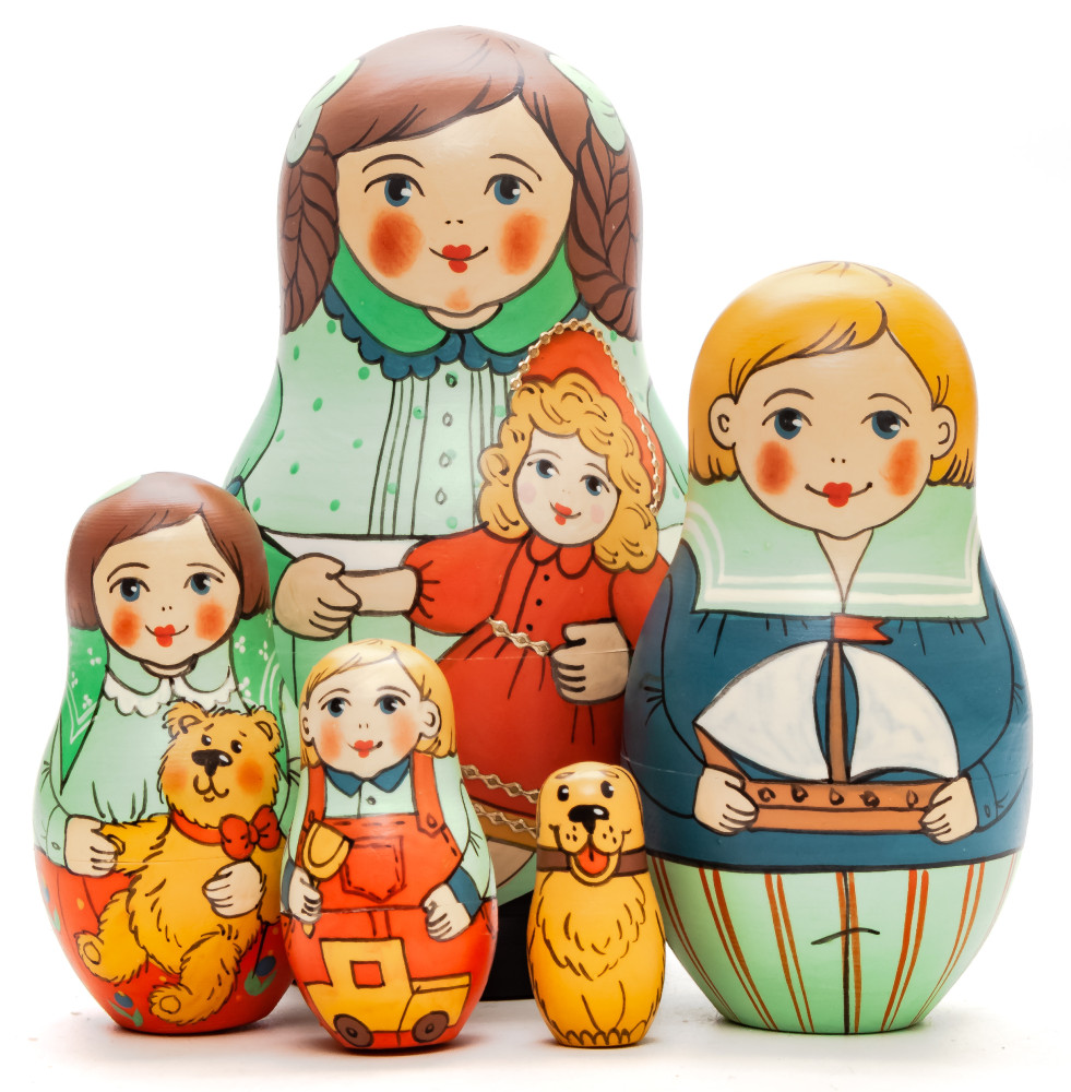 125 mm Mistress with Doll hand painted Traditional Russian Wooden Matryoshka doll 5 pcs (by Igor Malyutin)