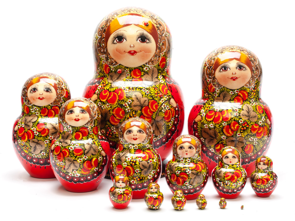 230 mm Khokhloma hand painted wooden Matryoshka doll 15 pcs (by Raissa Studio)