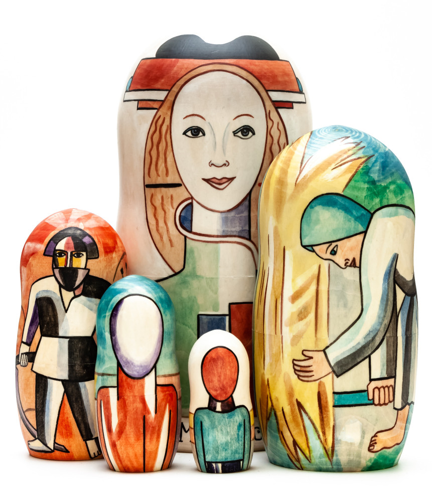 180 mm Girl with a Comb in her Hair by Malevich hand painted on wooden Matryoshka doll 5 pcs (by Alexander Famous Paintings Studio)