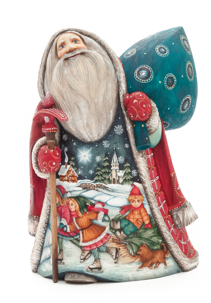 230 mm Santa with a Magic Staff and a Bag with hand painted Kids riding the Sleigh Carved Wood Collectible Figurine (by Sergey Christmas Workshop)