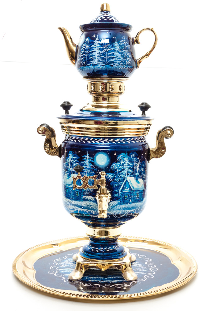 Russian Christmas Night Hand Painted Electric Samovar Kettle with Teapot and Tray