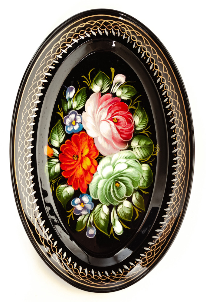 165x255 mm Zhostovo Patterns hand painted and lacquered Metal Forged Black Tray (by Lada Crafts)