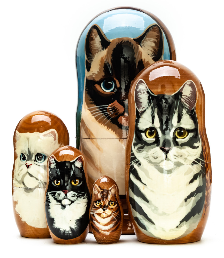 180mm Cat hand painted on wooden Matryoshka doll 5 pcs (by Alexander Famous Paintings Studio)