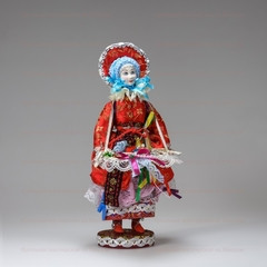 The Haberdasher in a Summer Dress and Hat Porcelain Doll on a Stand - 10 Inches