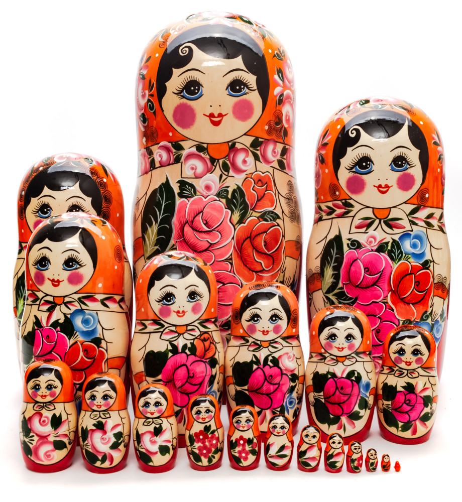 Orange Scarf hand painted Wooden Russian Matryoshka with 20 dolls inside