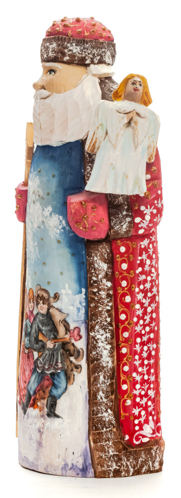 240 mm Santa with a Magic Staff and an Angel with handpainted Children Wooden Carved Statue (by Igor Carved Wooden Figures Studio)