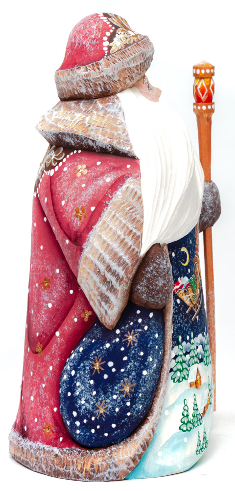 160 mm Santa Claus Hand Carved Wooden Figurine with painted picture Santa Claus flying over the Russian Village