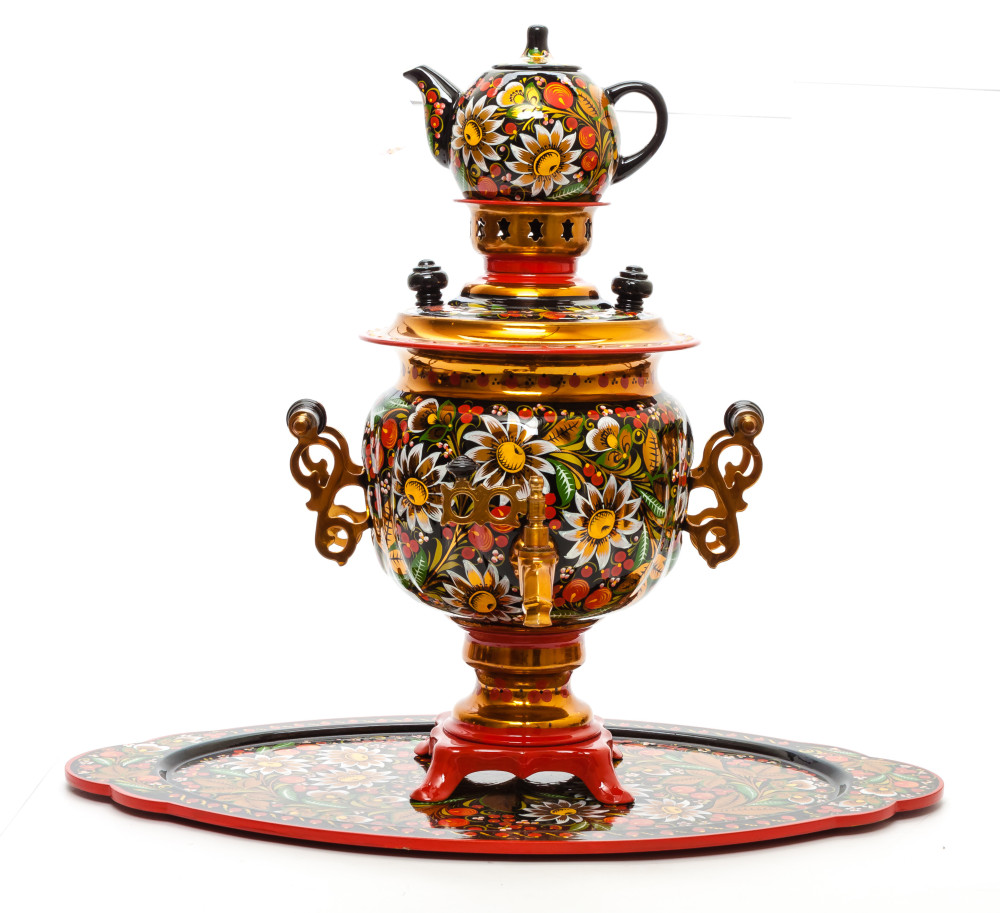 Daisies and Cranberries Hand Painted Electric Samovar Kettle with Teapot and Tray