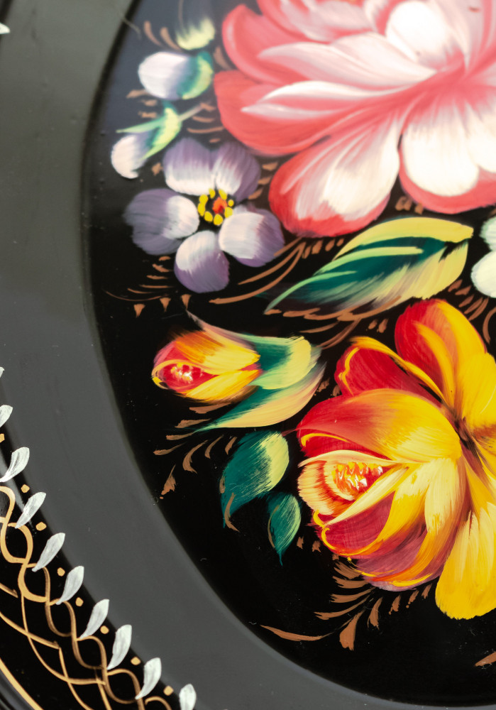 180x220 mm Zhostovo Patterns hand painted and lacquered by Blagova Metal Forged Black Tray (by Lada Crafts)