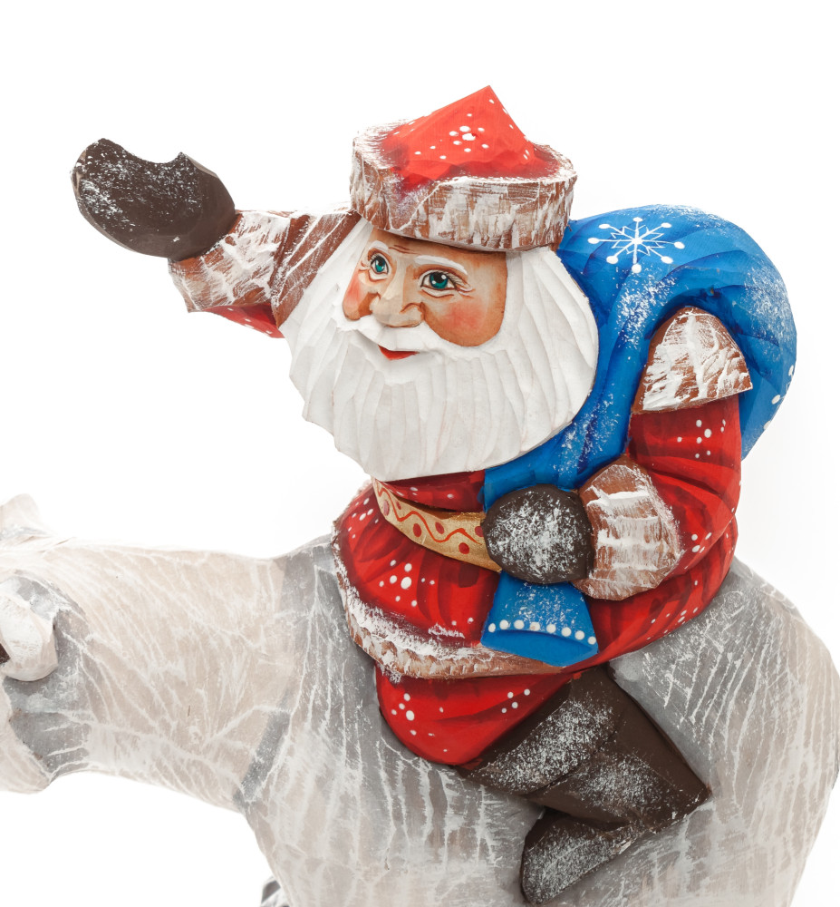 150 mm Santa with a Bag riding the Bear Carved Wood Hand Painted Collectible Figurine (by Sergey Christmas Workshop)