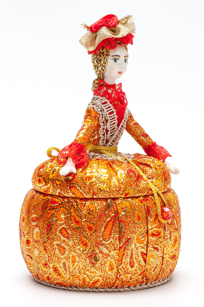 Girl in a Little Hat and Nice Dress Jewelry Box (brocade, hand-sewn Doll by Le Russe)